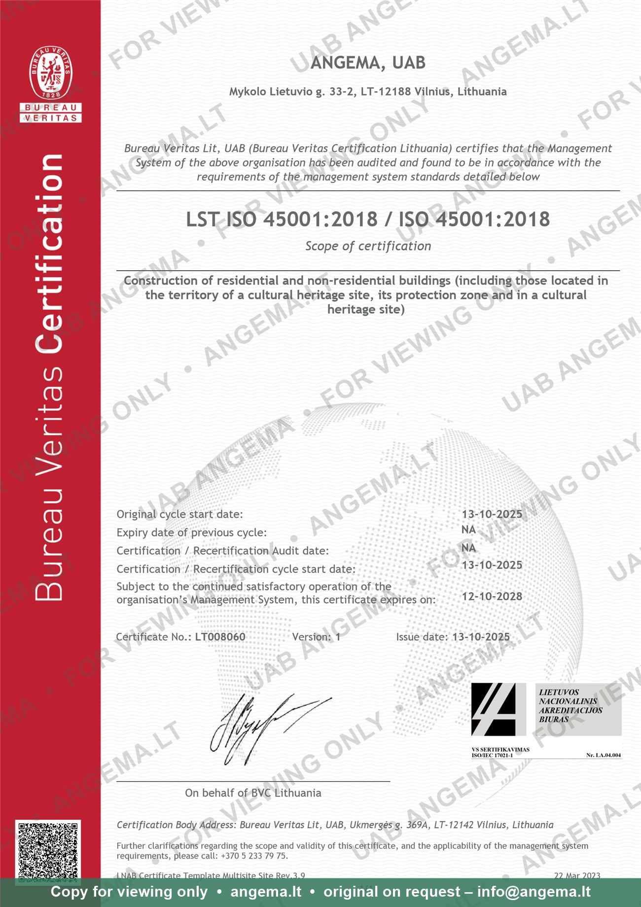 ISO 45001:2018 certificate No. LT008060