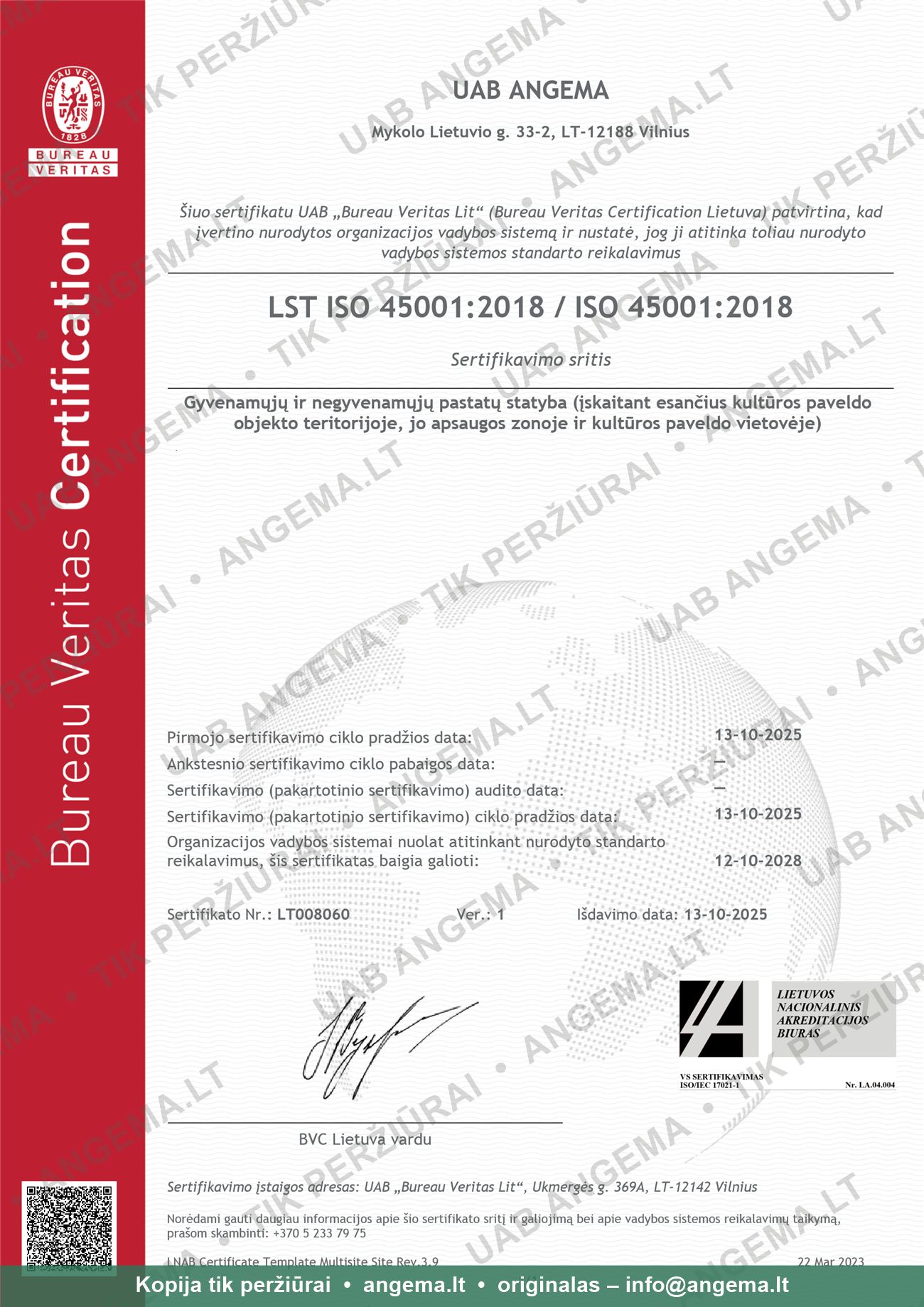 ISO 45001:2018 sertifikatas Nr. LT008060