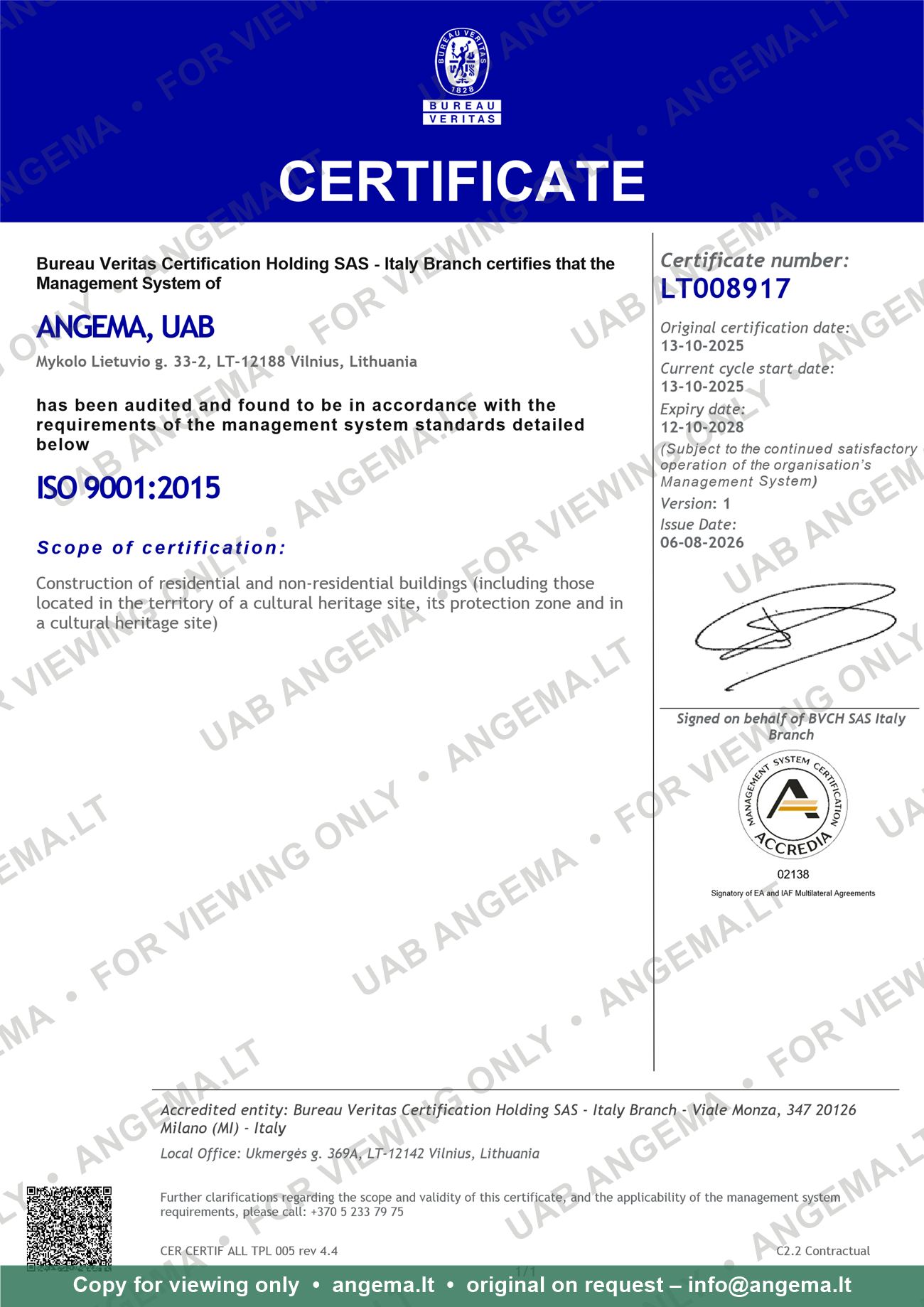 ISO 9001:2015 certificate No. LT008917