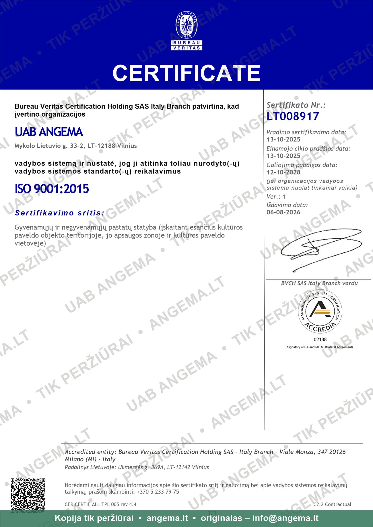 ISO 9001:2015 sertifikatas Nr. LT008917